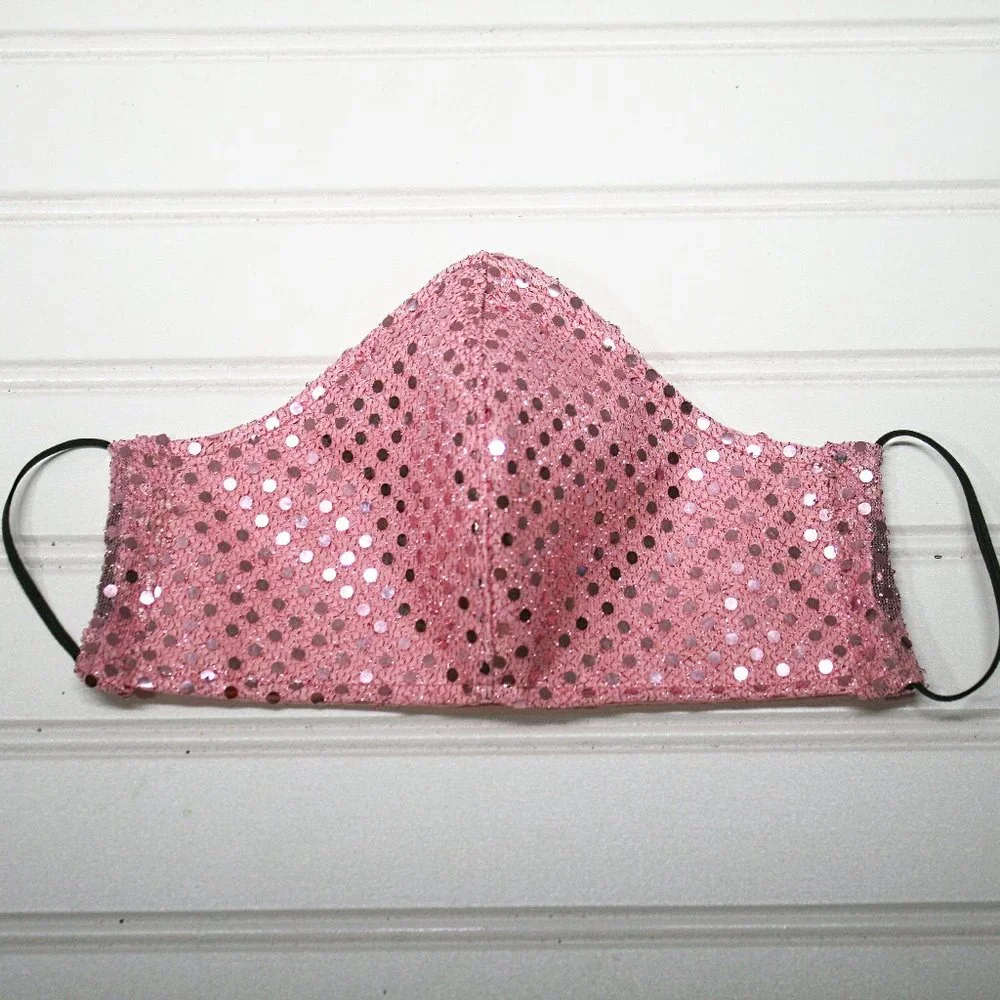 HAND CRAFTED Face Mask Baby Pink Confetti Dot Sequin - Adult - Shield Style